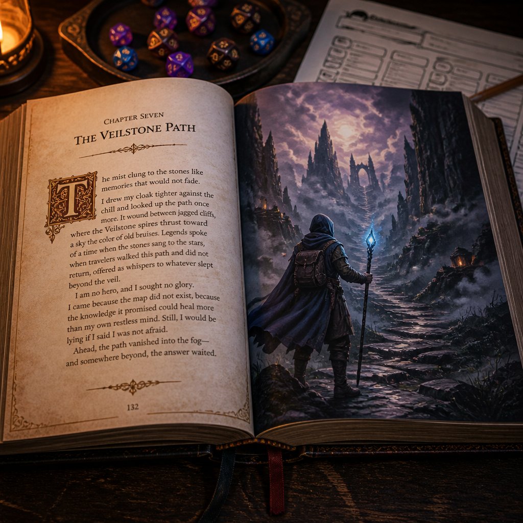 An open fantasy tome showing a written chapter, 'The Veilstone Path,' beside a full-page illustration of a hooded adventurer with a glowing staff on a misty mountain path — a D&D campaign written and illustrated as a novel.