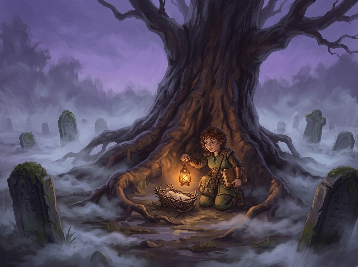 Fantasy scene of an adventuring party standing at the entrance of a cave in the rain.