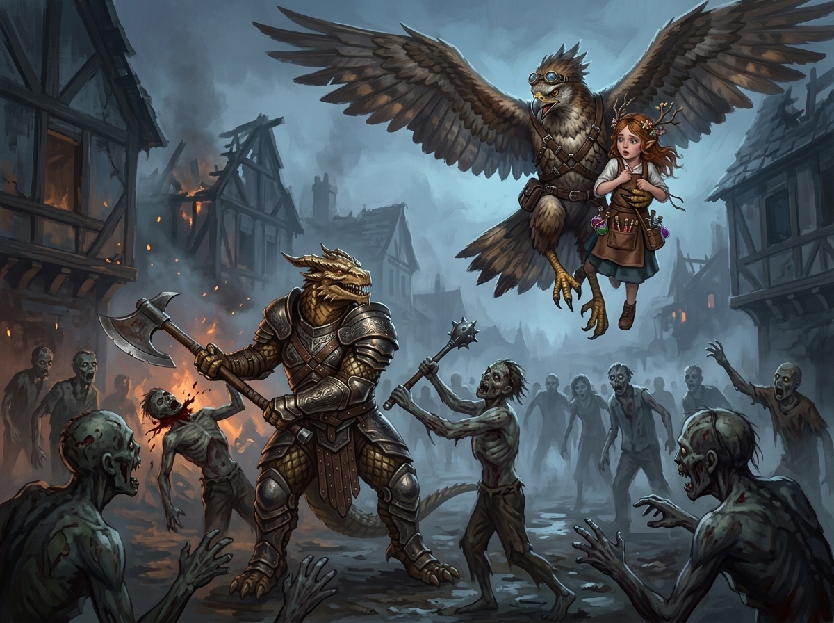 Fantasy scene of adventurers toasting around a tavern table by firelight.
