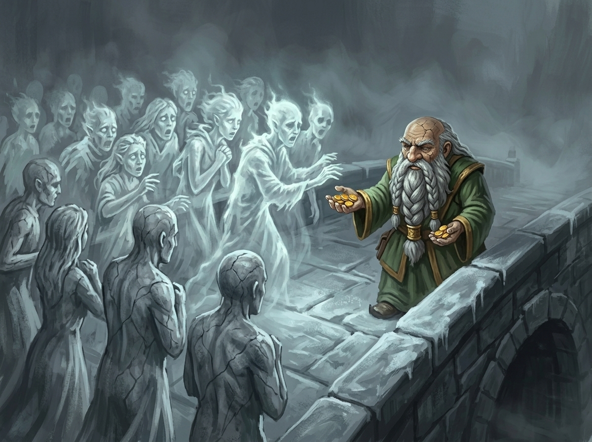 Fantasy scene of a party on a stone bridge with a dragon circling above.